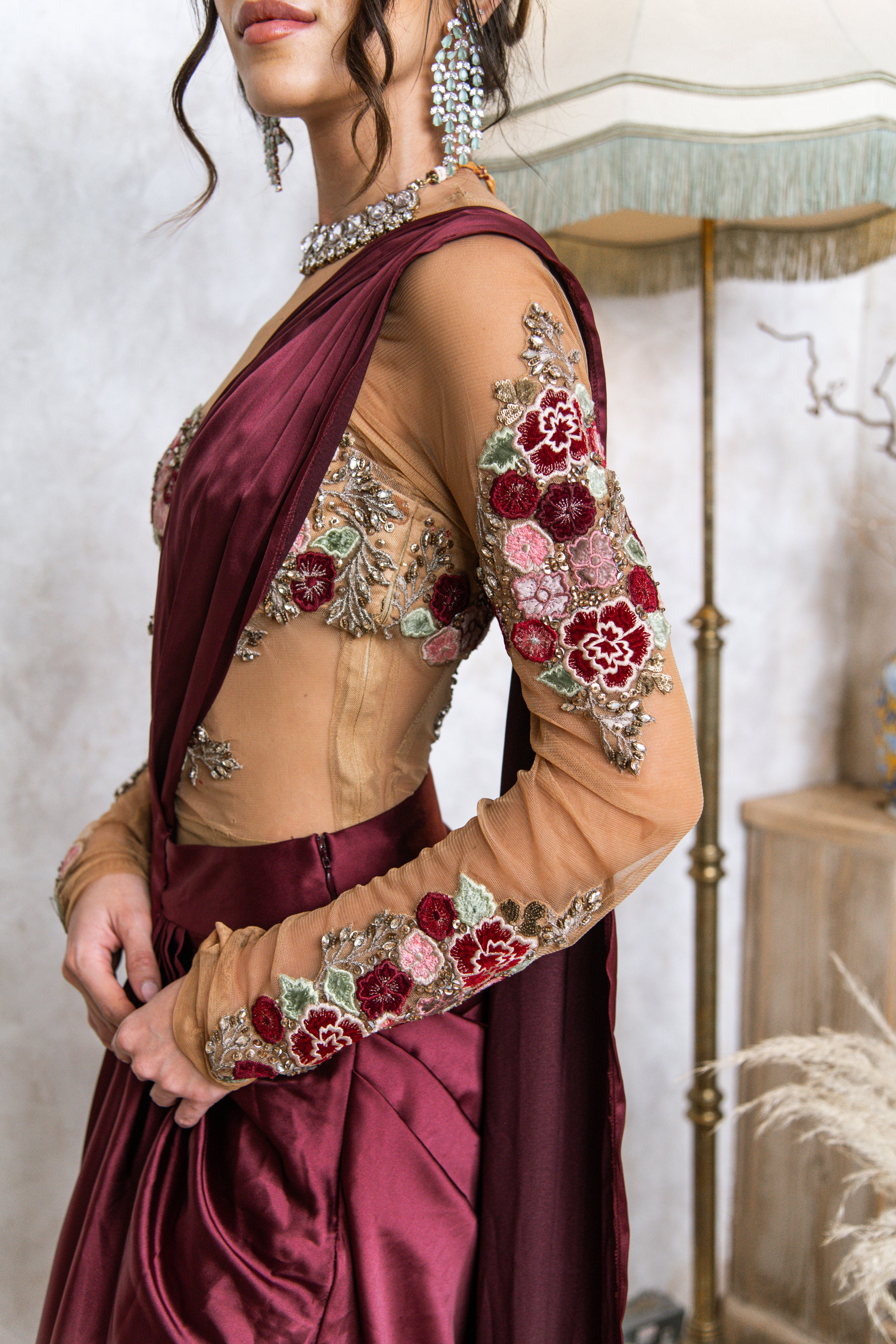 GW Custom  The Floral Tulle Top & Draped Saree Skirt