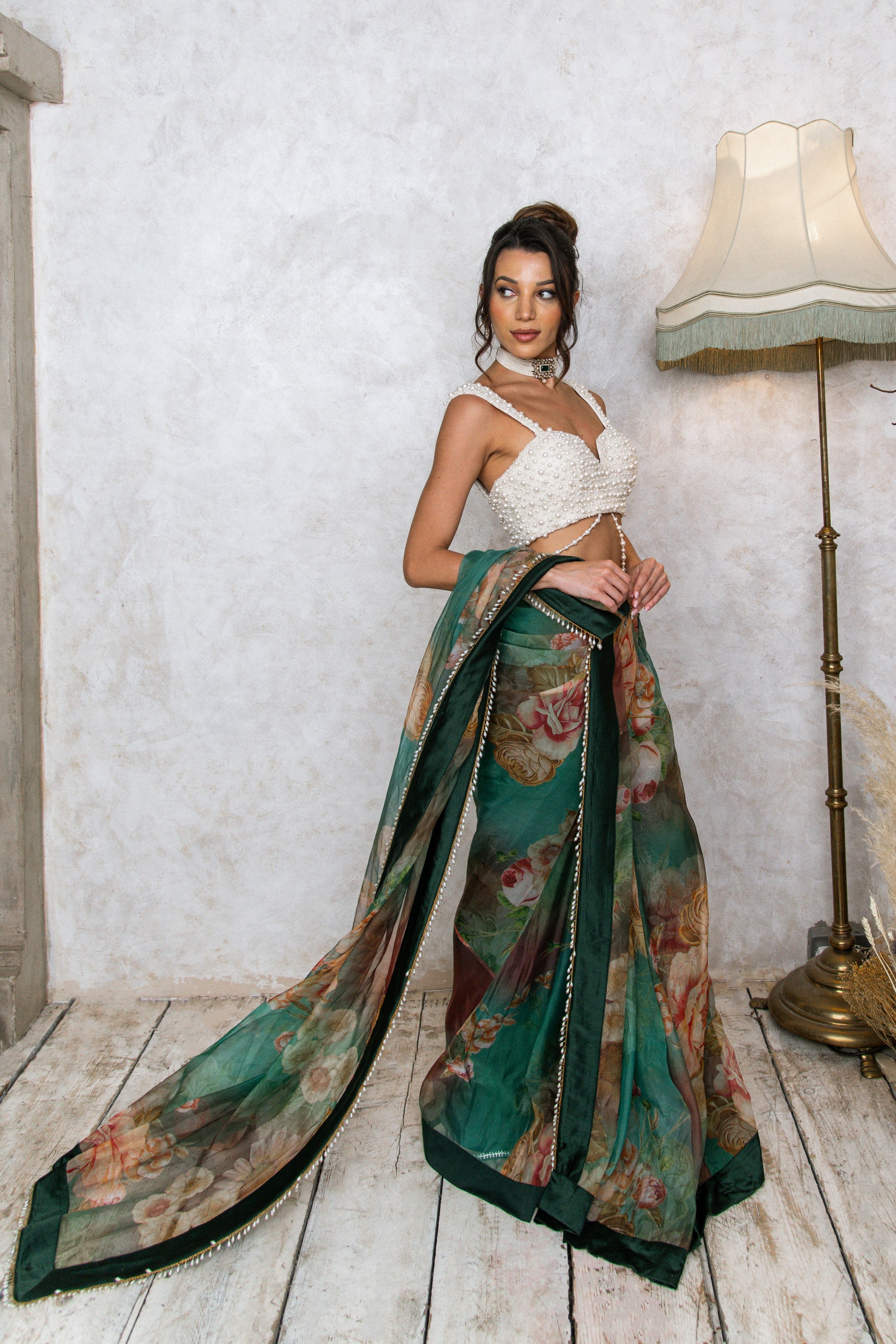 Book Now Mint Green Floral Designer Georgette Saree – Shopgarb Store